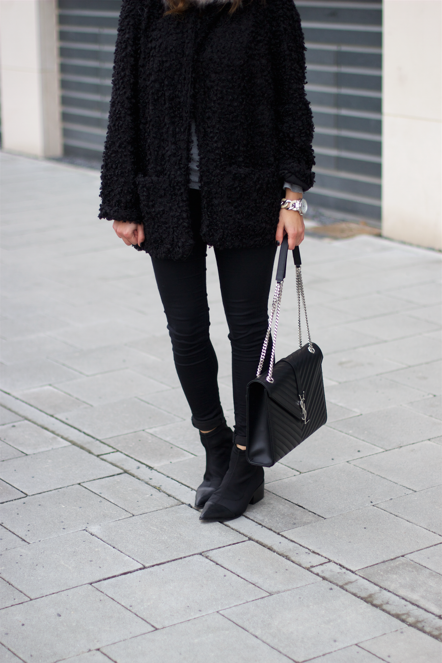 Black Fluffy Coat YSL Bag Outfit