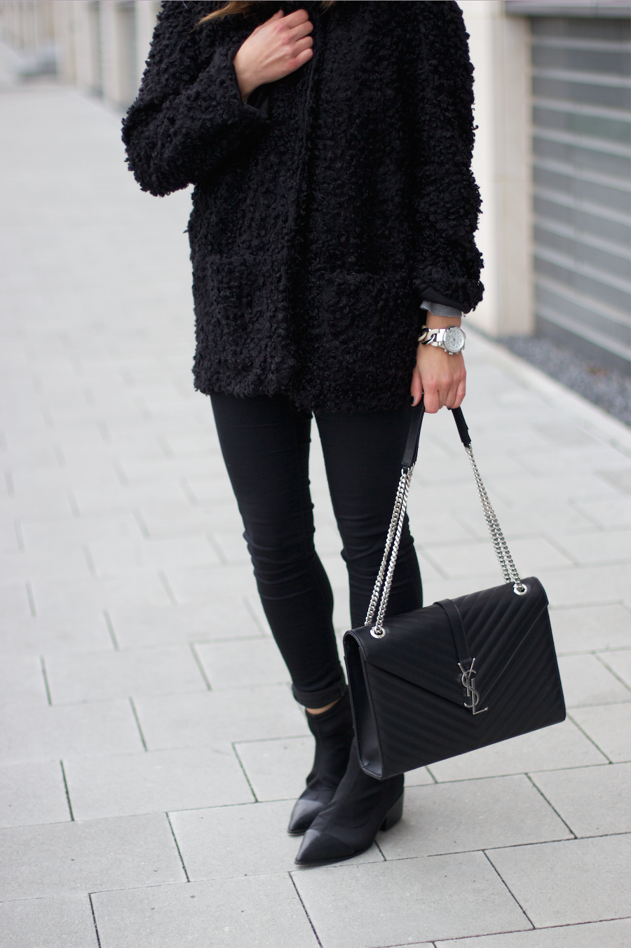 Black Fluffy Coat YSL Bag Outfit