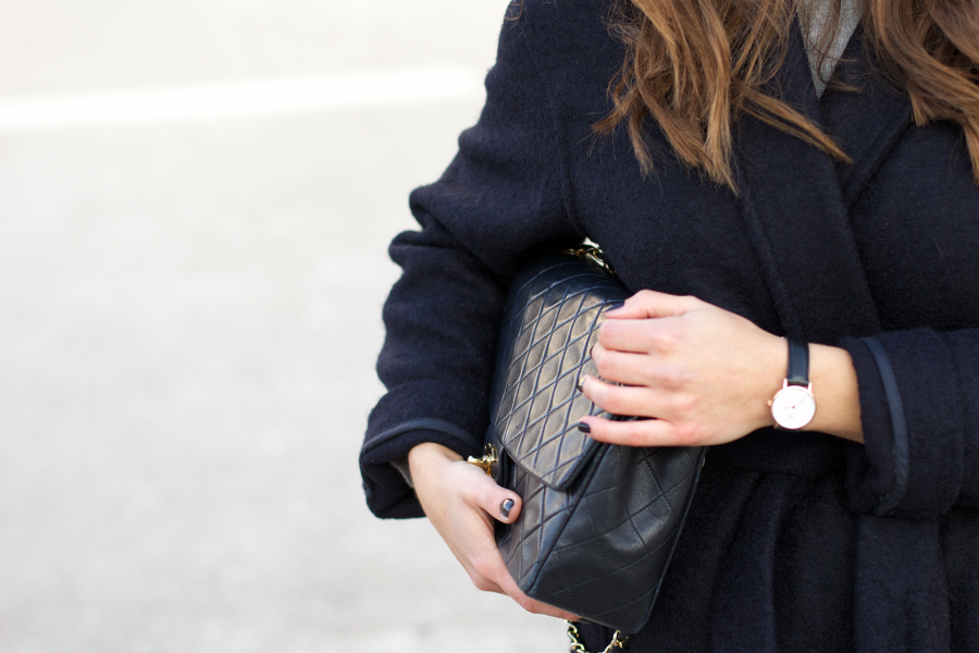 Navy Blue Coat Chanel Bag Fall Winter Outfit