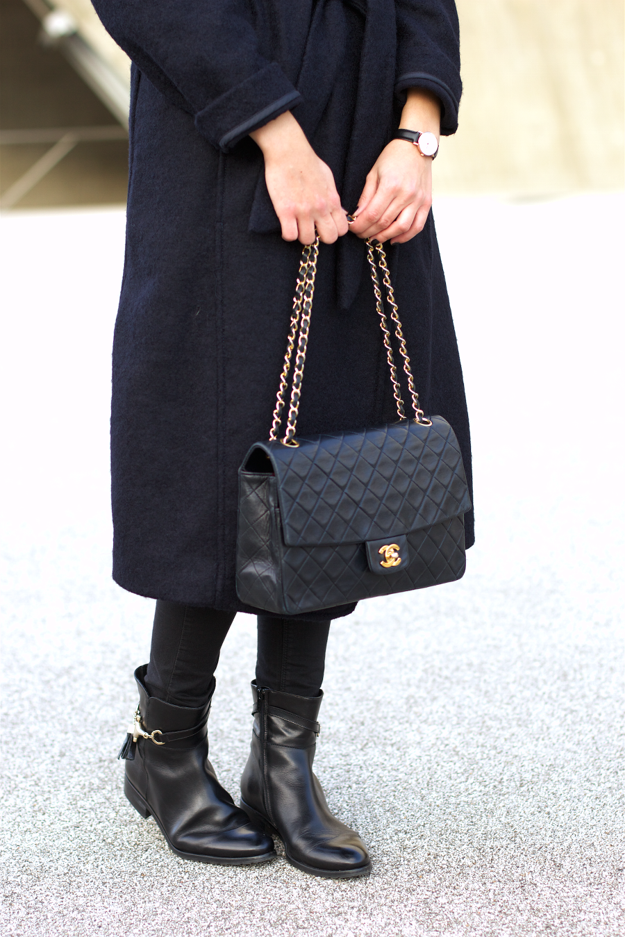 Navy Blue Coat Chanel Bag Fall Winter Outfit