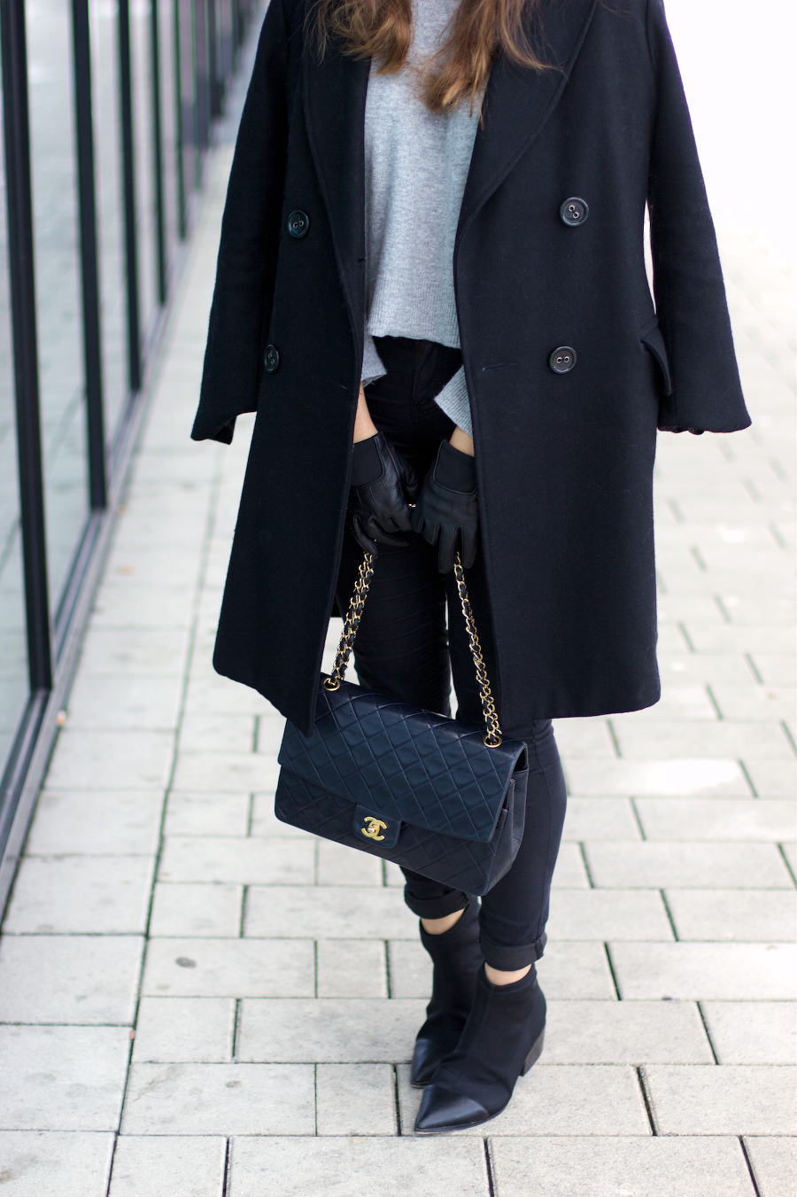 Black Coat XXL Scarf Outfit Chanel